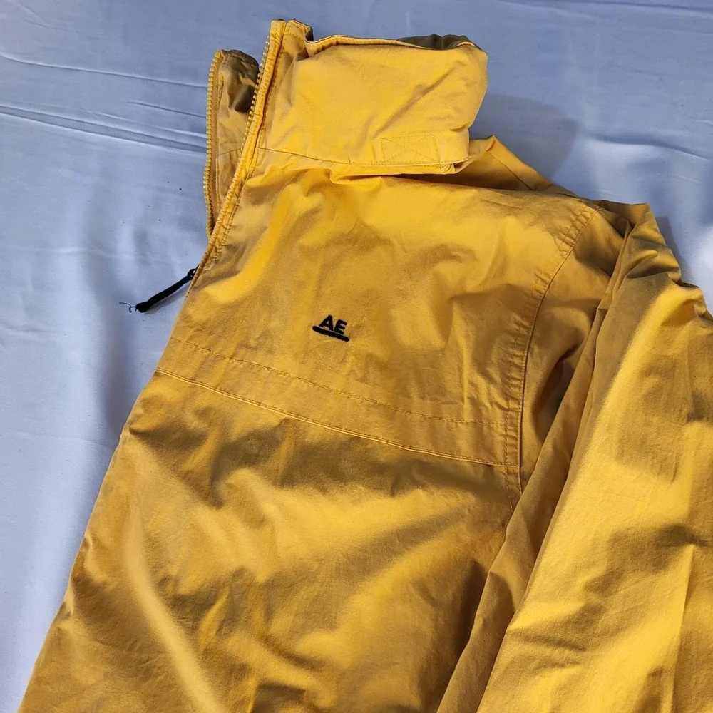 Vintage Mens Small American Eagle Jacket Yellow Full Zip Windbreaker w/Hood Y2K